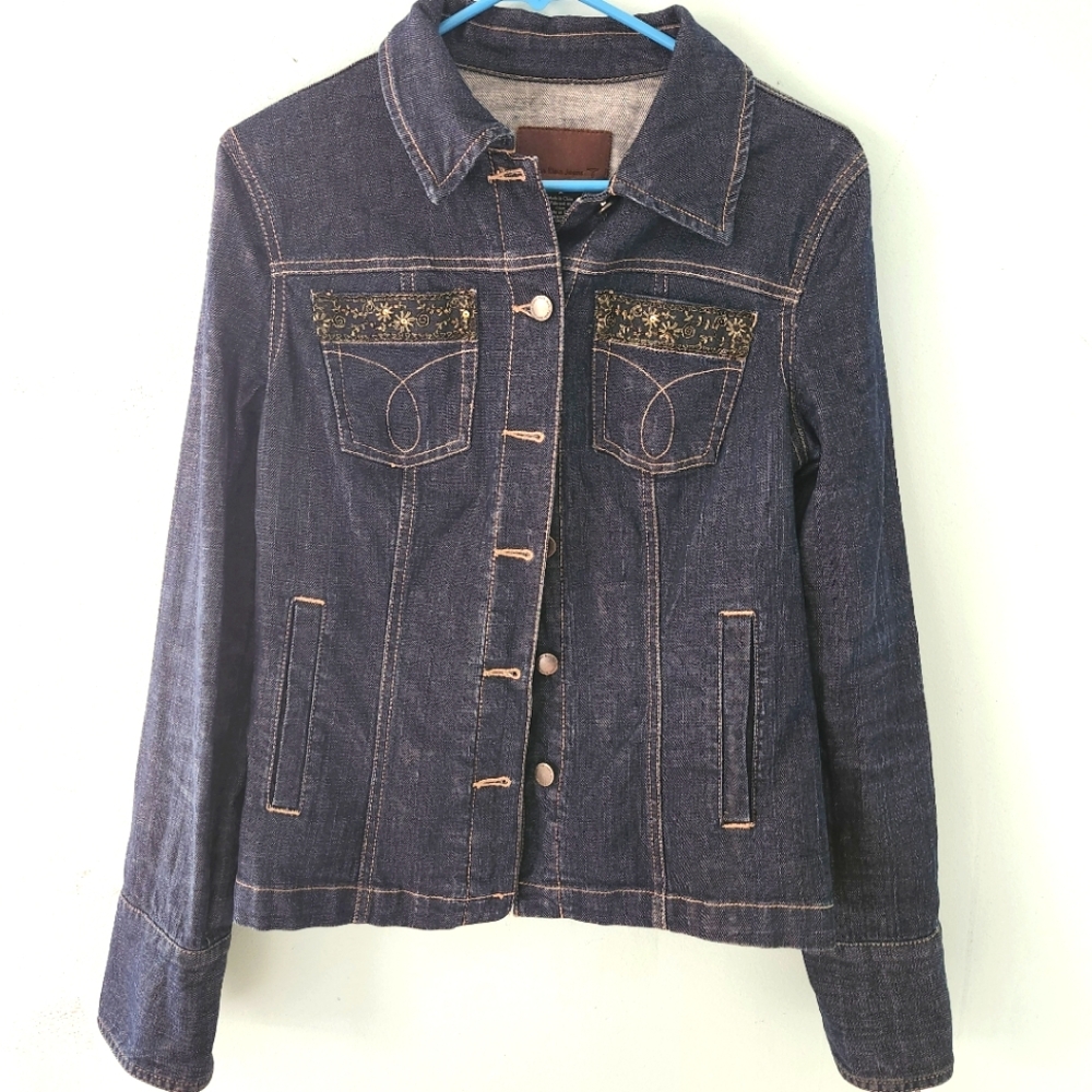Calvin Klein retro logo dark wash denim blazer beaded‎ structured women's…